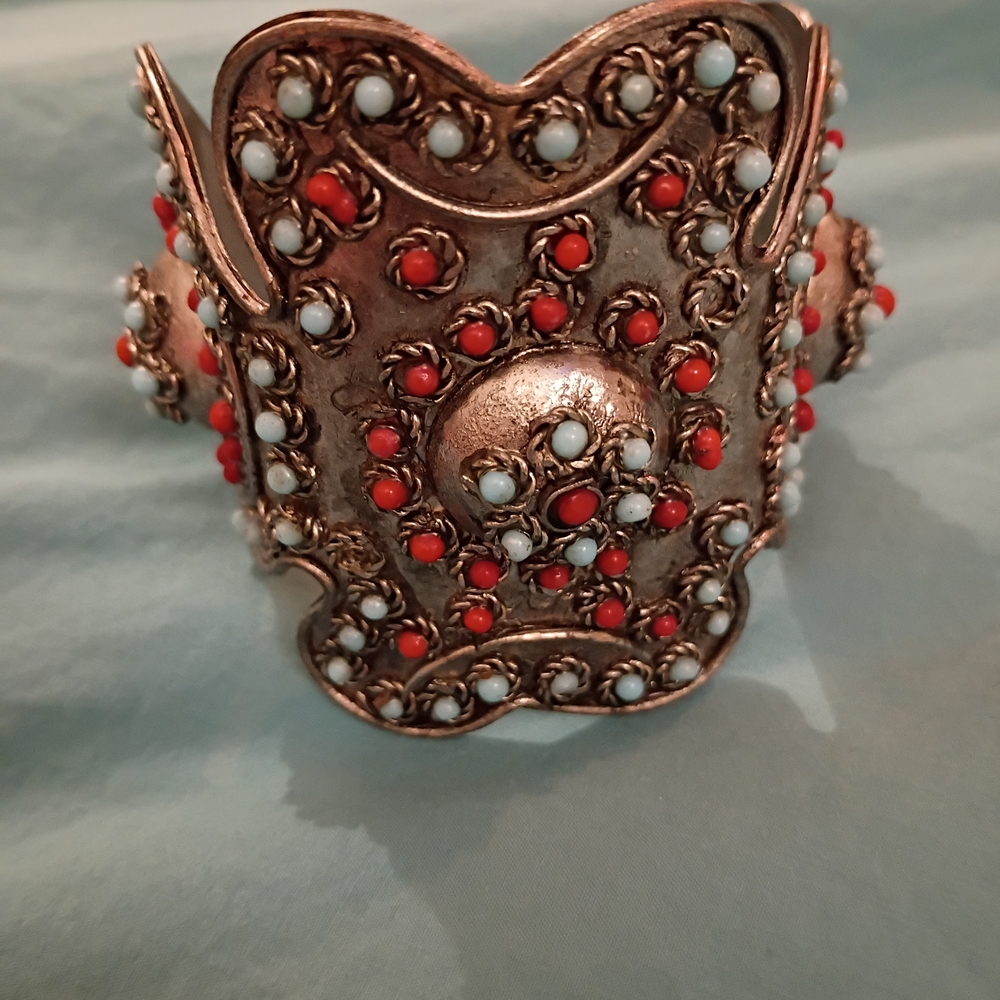 Handcrafted Silver Cuff Bracelet with Red and Light Blue Beads